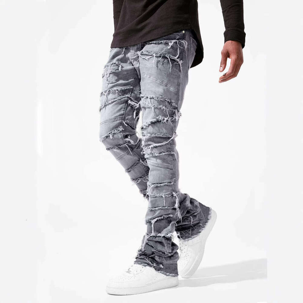 Cross-Border New Men's European and American Street Fashion Ins Hot Elastic Patch Denim Straight Pants