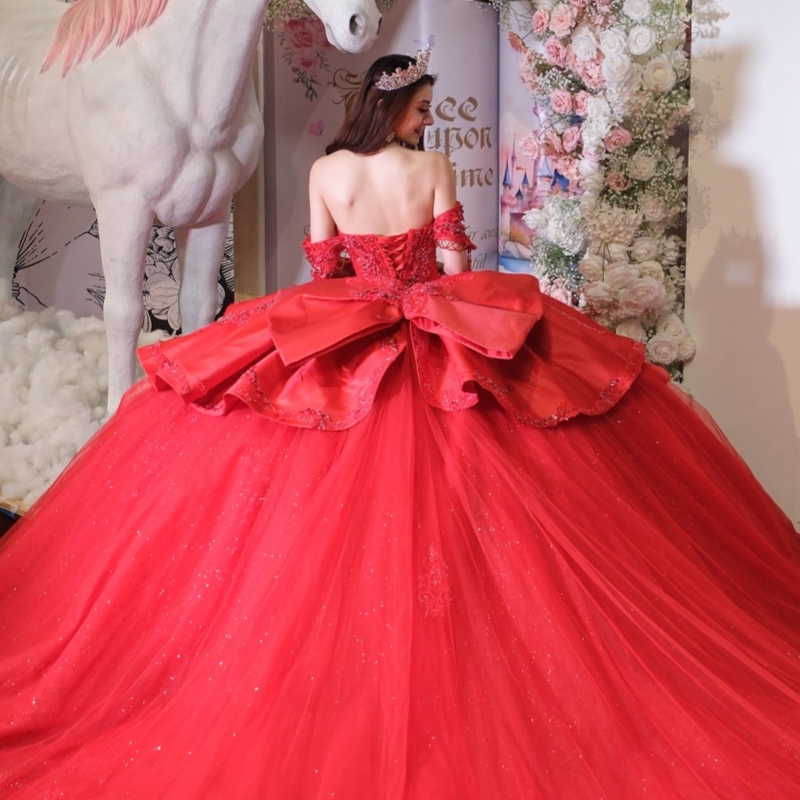 Red Shiny Quinceanera Dresses Ball Gown Off The Shoulder Applique Lace Beading Crystal Bow Corset Party Birthday Sweet 16 Dress Vestidos 15 De Anos
