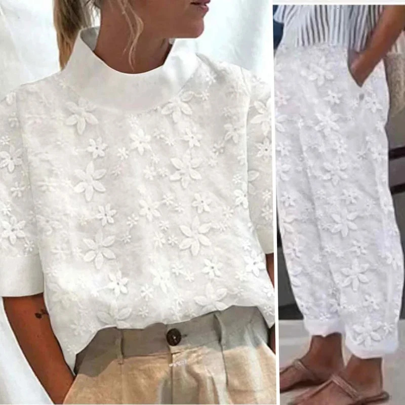 Lady Loose Two Pieces Suits Womens Hollowed Out Cotton Linen Lace Suit Spring Summer Casual Pockets Solid Color TopPants 260305