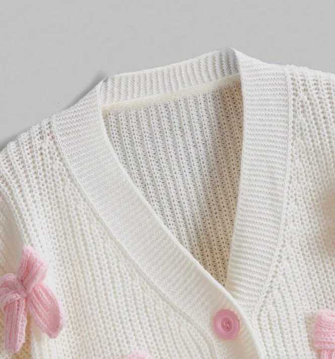Ladies Elegant Pink Bow Knot Sweater Cardigan Long Sleeve Top for Spring Autumn Cute Woolen Style with Pink round Buttons M260306