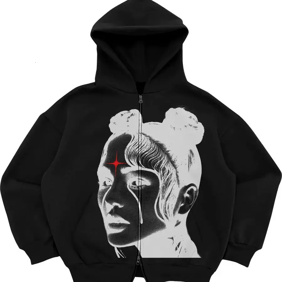 Hip Hop Gothic Retro High Street Baggy Zip Up Hoodie Y2k Graphic Print American Zipper Hoodie Mens and Womens Sweatshirt 260228