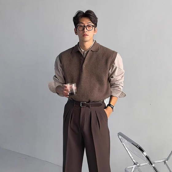 Simple Japanese Retro Sweater Vest Jacket Mens Knitted Cardigan Exterior Vest Trendy 250910