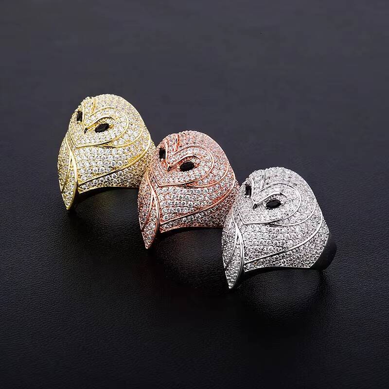 Fashion Cute CZ Animal Owl Design Ring Zircon Brass Gold Plated Hip Hop Iced Out Lab Diamond Finger Jewelry for Men Women Unisex