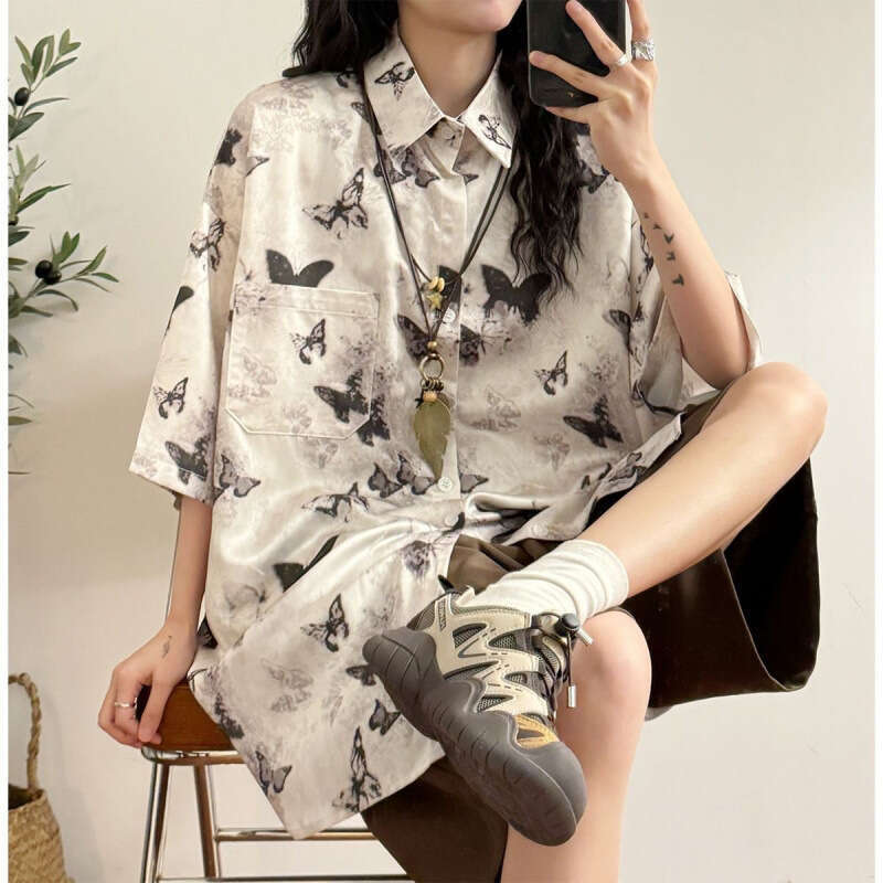 Summer CasualFashion Loose Retro Fashion Buttons Single Breasted Printing Short Sleeve Dyeing Technique Casual Hang Sensation Haome Top