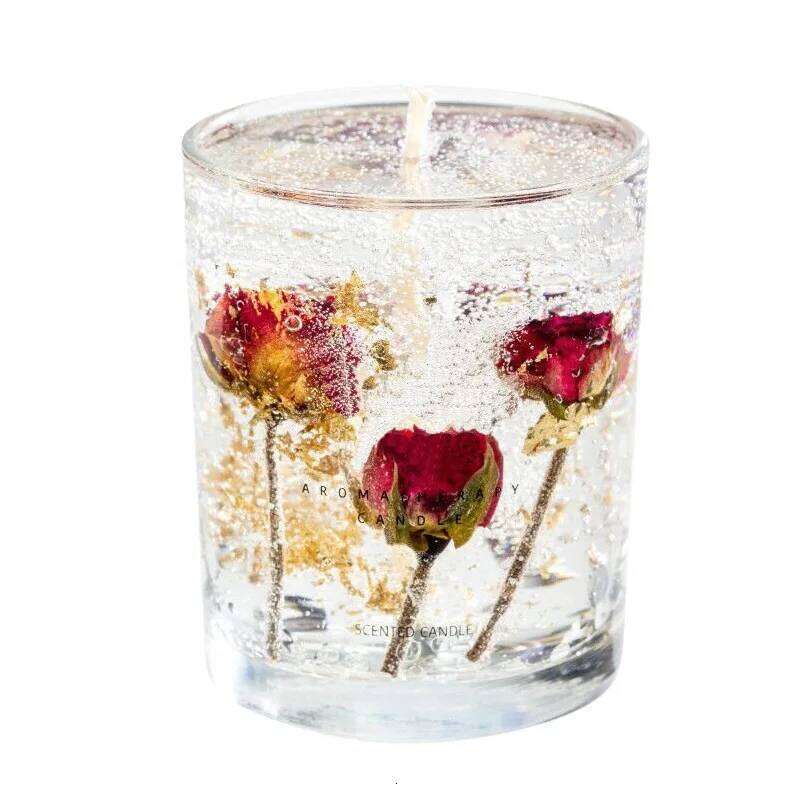 7x8.5cm Real Flower Jelly Scented Candle, Transparent Glass Cup Ornament, Creative Fragrance Jar Wax Souvenir Gift W260304 W260305