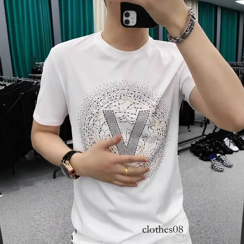 Summer Ice Silk Cotton Rhinestone Short Men's T-shirt Loose Casual Half Sleeve Top Korean Trend Hong Kong Style
