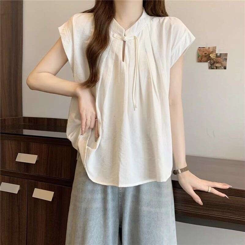 Loose Fit White ort Sve irt New Chinese Sle Women's Summer Top Zen Design Sensation National Trend Loose Upperwear