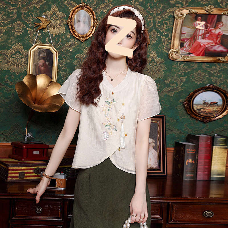 Ladies Embroidered Tops Short Sleeve Shirts Chinese Style Buttons Fashion Trend Irregular Summer New Style 2025 Stand-up Collar