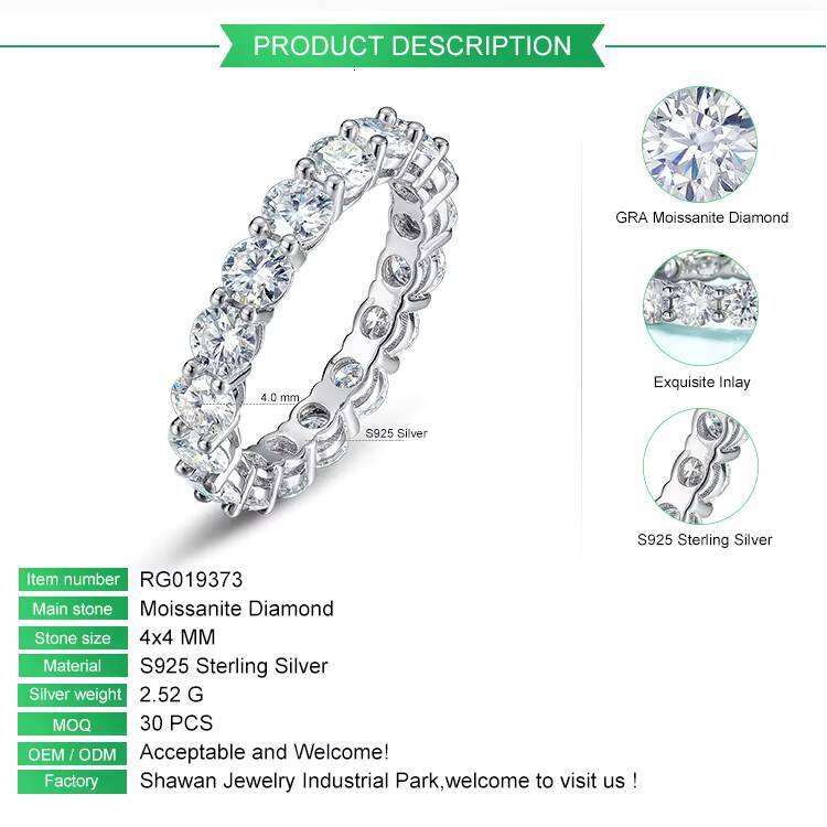 Cluster Gra Certified 4mm 925 Silver Eternity Ring Silver Jewelry Iced Out Hip Hop Tennis Ring Moissanite Cuban Link Ring Band