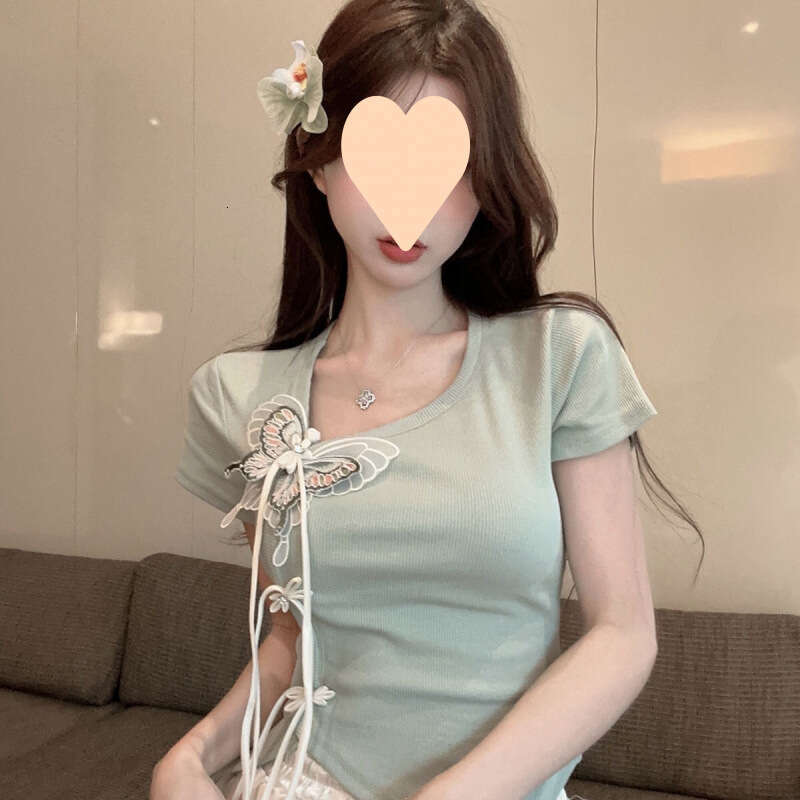 New Chinese Style Short Sleeve Tshirt Irregular Frog Button Short Top Chinese Style Butterfly Tassel Buckle Women Skew Collar Slim-fit Tee Tops
