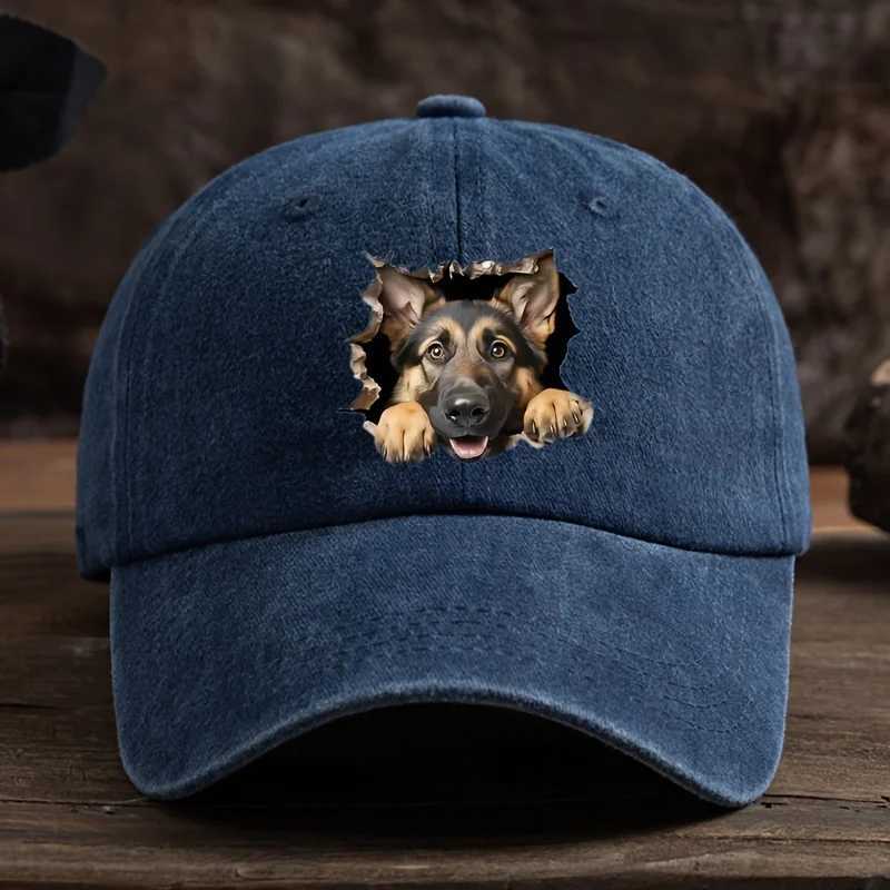 Broken hole wolf dog print baseball cap mens outdoor duckbill cap curved brim washed retro sun hat S260306