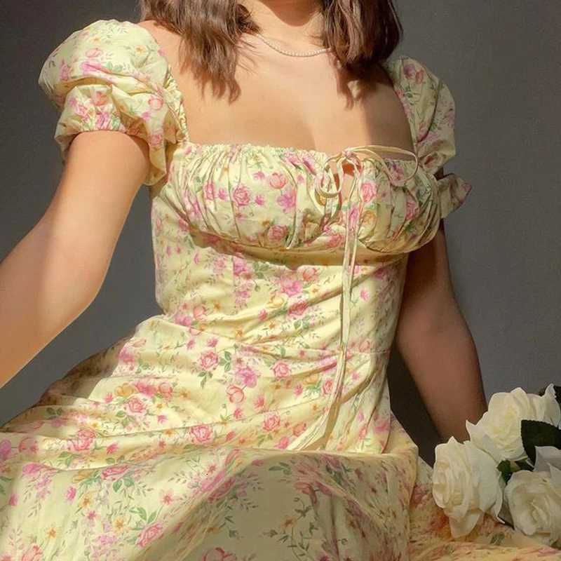 Women Floral Print Split Dress Sweet Puff Short Sleeve Square Collar Slim Fit Maxi Dress Holiday Summer Casual Sexy A-Line Dress X260306