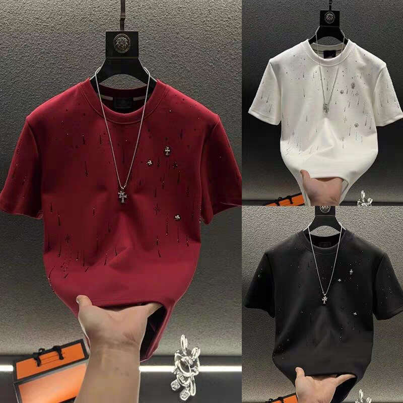 European and American Style Handsome Short Top Heavy Craft Light Luxury Clothing Meteor Hot Stamping T-Shirt Men's Round Neck Half Sleeve Tee