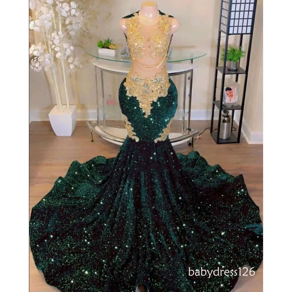 Arabic Aso Ebi emerald Green Evening Dresses sheer Lace velvet Beaded Mermaid Prom Reception Birthday Engagement Gowns M03