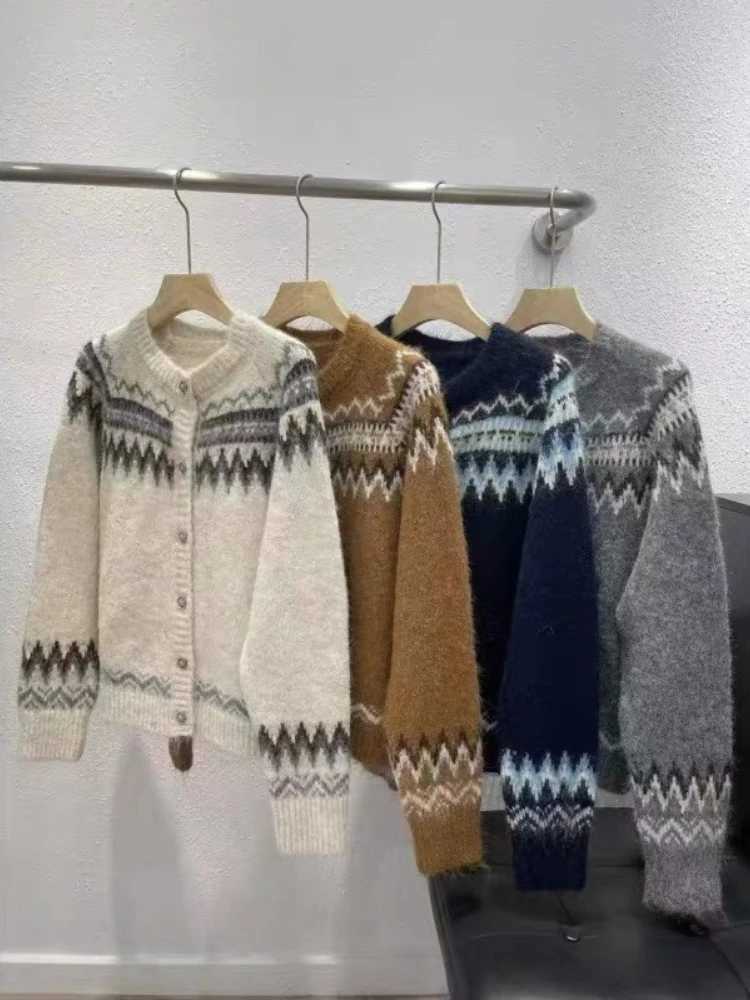 Autumn Winter New Fashion Knitted Women Cardigan Retro Jacquard Long Sleeve Sweater Casual Loose Knit O-neck Single-Breasted Top M260306