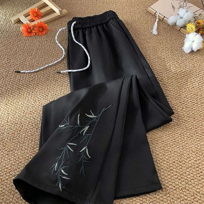 Women Spring Summer Thin New Chinese Style Bamboo Embroidered Suit Pants Loose Straight Wide Leg Casual Trousers Fashion Asia Size