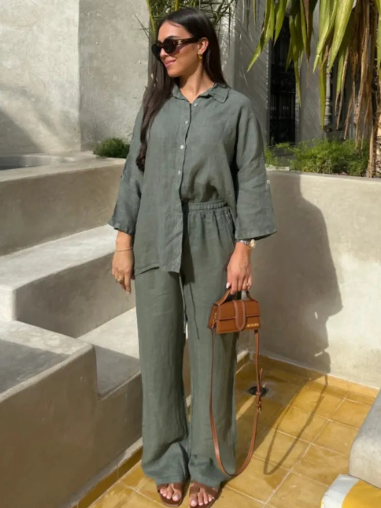 Womens Suit Solid Cotton Linen Two Piece Set Spring Summer Fashion Button Shirt Pants Sets Casual Loose Style 2 Piece Outfit 260305