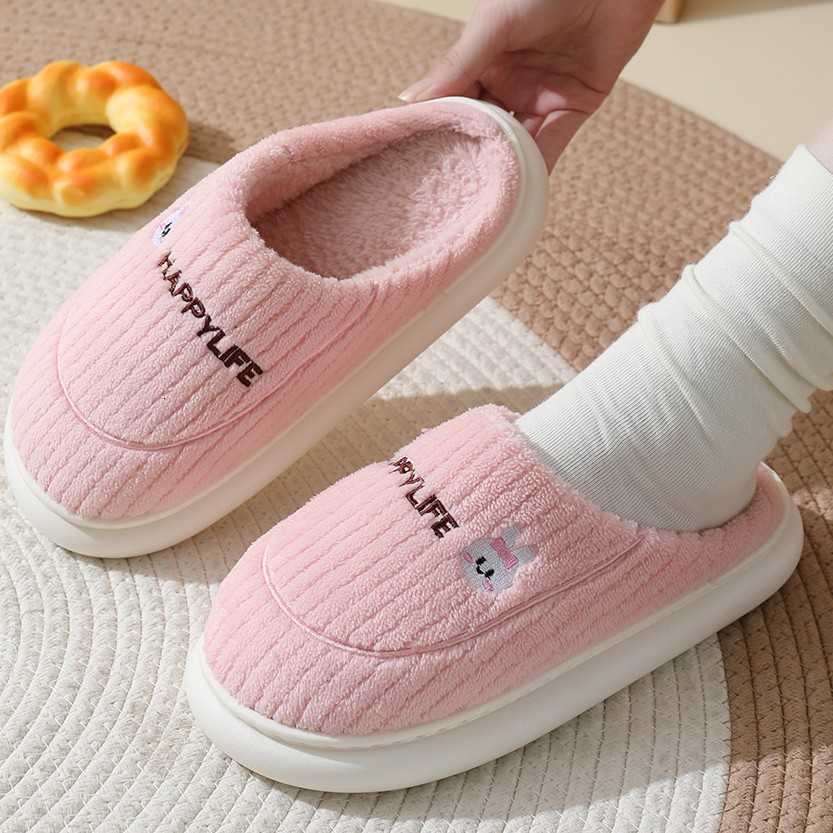 2024 New Cartoon Thick-Soled Autumn Winter Plush Warm Non-Slip Fashion Home Outdoor Couple Cotton Slippers Wool Slippers S260305