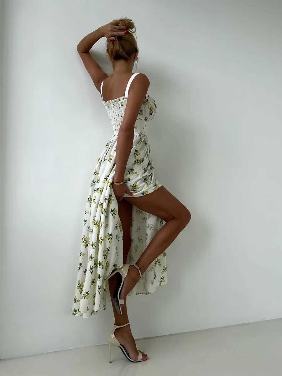 Wolfeel 2025 Summer New Fashion Print Cami Dress Women High Waist Slit Maxi Dress Elegant Vacation Long Dress X260306