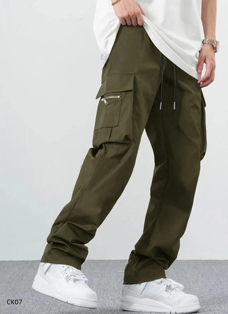 mens workwear pants mens loose straight leg casual pants mens drawstring workwear pocket pants 260305