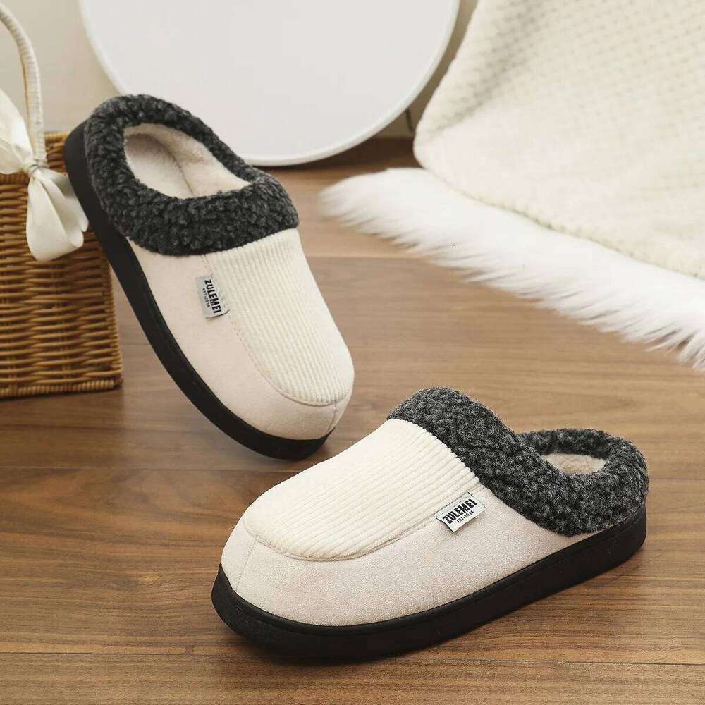 Litfun Winter Men Cotton Shoes Warm Fleece Lined Outdoor Fashion Fuzzy Slides Indoor Antiskid Short Plush Female House Slippers
