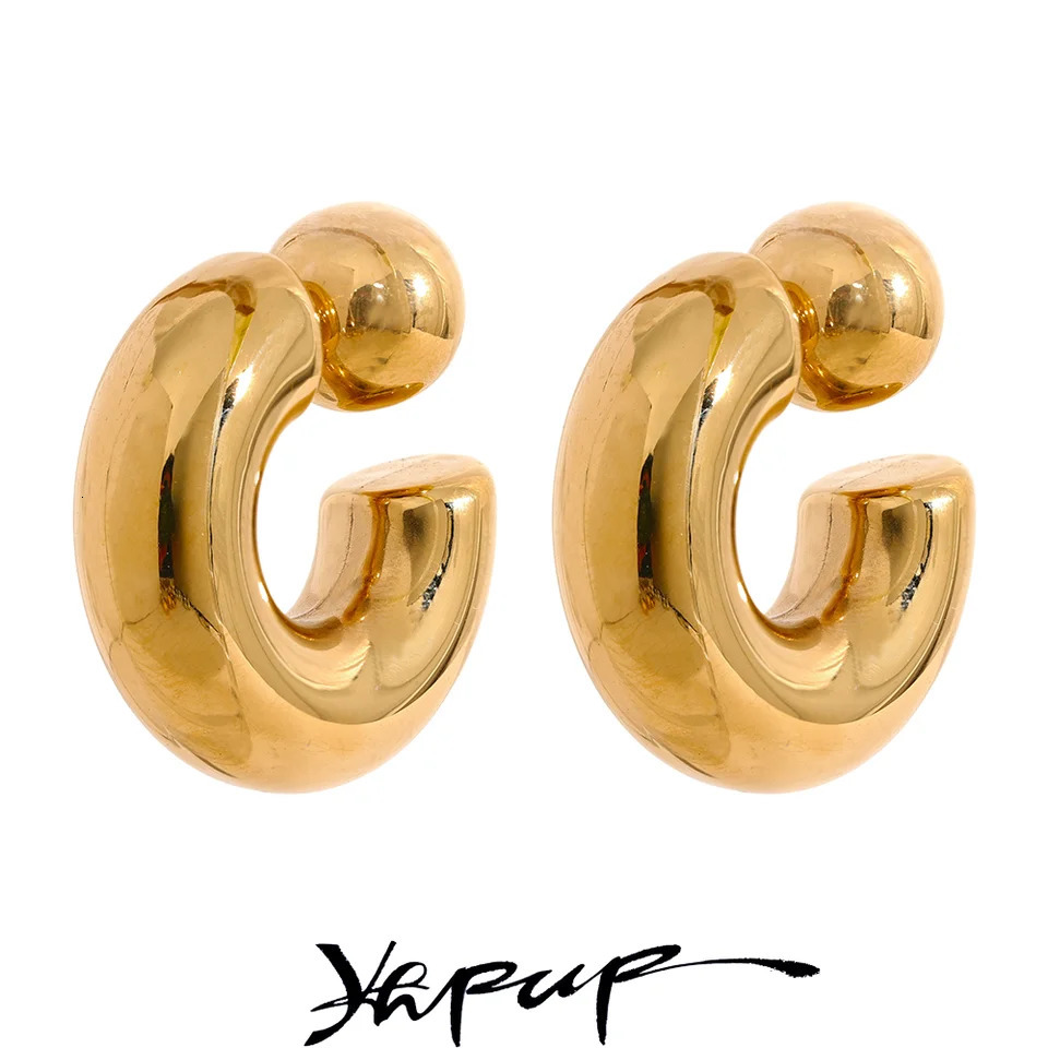 Yhpup Stainless Steel C Shape Round Chunky Unusual Earrings Jewelry Waterproof Metal Texture Attractive Women Accessories Gift 260302