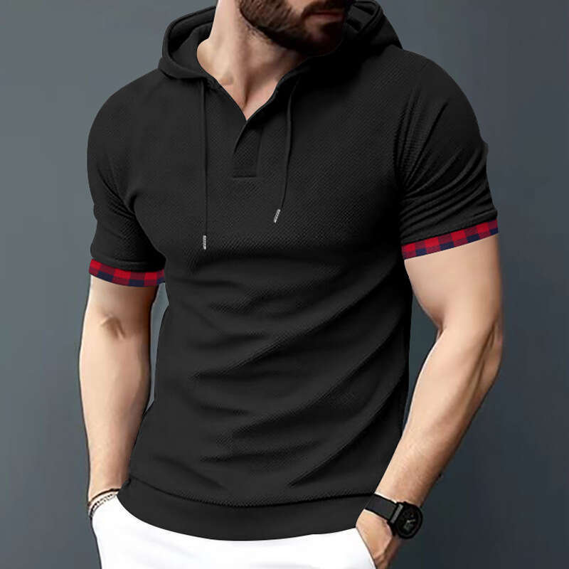 Men's Plaid Cuff Spliced Hooded T-shirt Casual Henley Neck Short Sleeve Tee Top