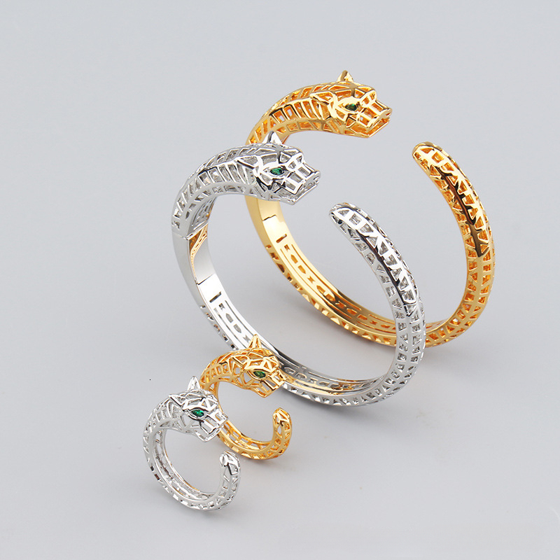 Bracelet Style Bold Punk Hollow Leopard Ring Set Bracelet For Men Women, Unique And Domineering Open Bracelet Jewelry