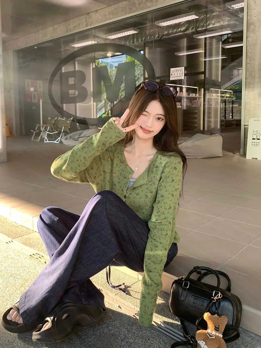 Lazy Style Sweet and Spicy Round Neck Green Floral Fresh Knit Cardigan Sweater Jacket Womens Outerwear Long Sleeved Top M260306