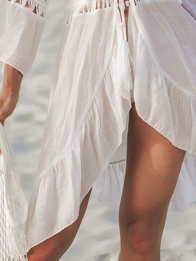 Summer Crochet Boho Beach Swimsuit Bikini Cover Up LaceUp Hairball Long Blouse Hollow Out OpenFront CoverUp Duster Kimono 260228