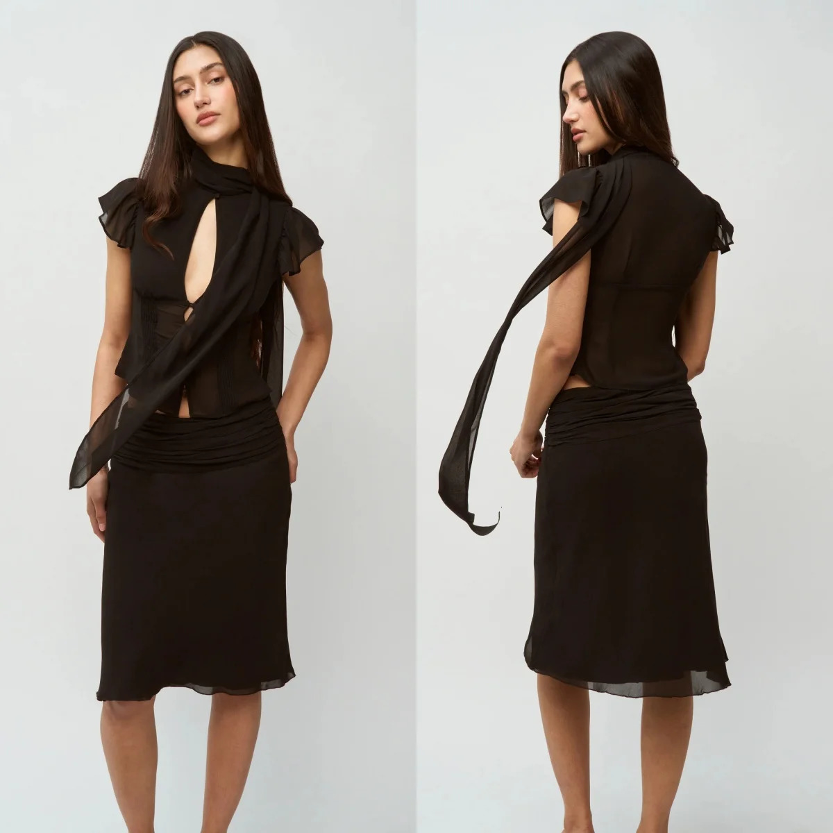 Guiz Black Ribbon Sexy Top Slightly See-Through Skin-Friendly Material Mid-Length Skirt Set Chiffon French Light Top Sweet Girl Party Set Knee-Length 