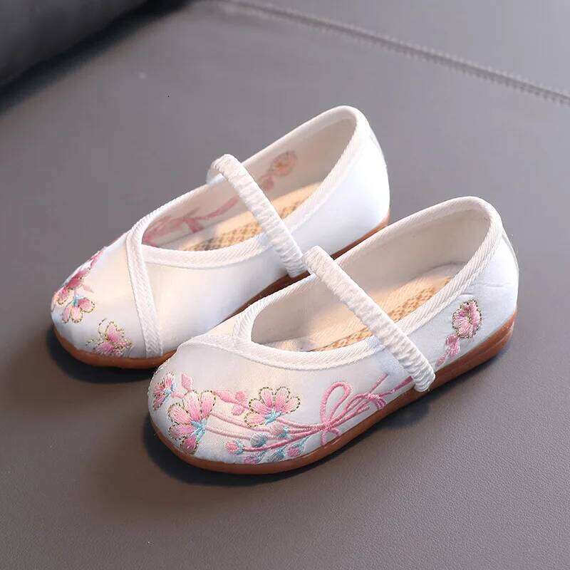 Hand-embroidered Chinese Style Cotton Cloth for Children Soft-soled Comfortable Flat Kids Girls Princess Shoes Red 26H0306