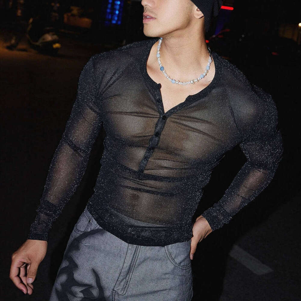 European and American Cross-Border Sexy Shiny Diamond Men's Semi-Sheer Top Street Fashion Nightclub Style Button Round Neck Fun T-Shirt