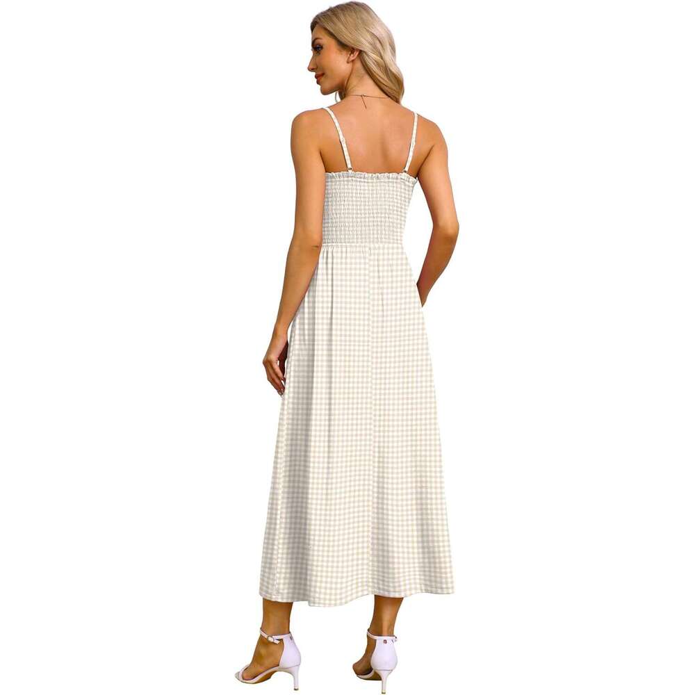 Womens Spaghetti Strap Maxi Dresses Smocked with Designer Pockets 2026 Summer Spring Casual Boho Beach Long Sundresses