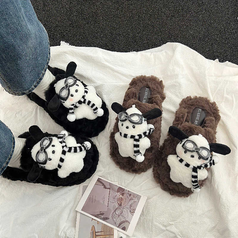 High-Value Cartoon Thick-Soled Furry Slippers for Women New Autumn and Winter Indoor Home Non-Slip Warm Plush One-Word Slippers S260305