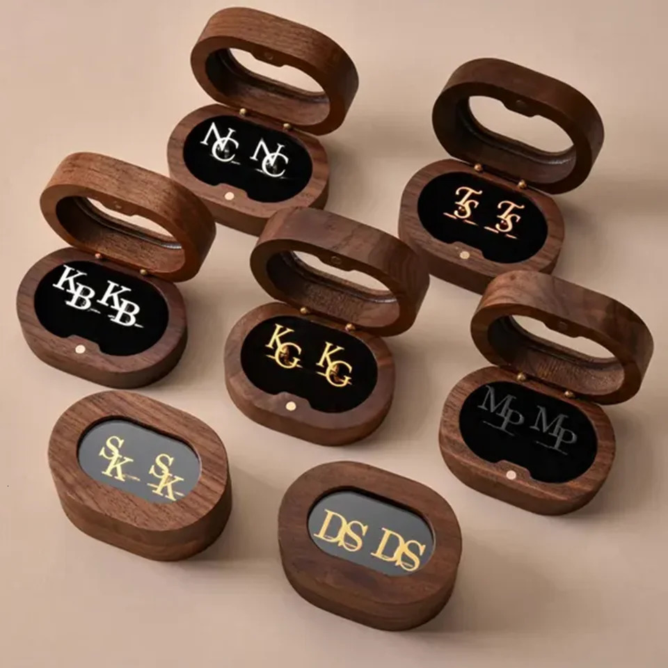 Customized Personalized Letters Stainless Steel Cufflinks Wooden Box Packaging Cufflinks Suits Groomsmen 260302