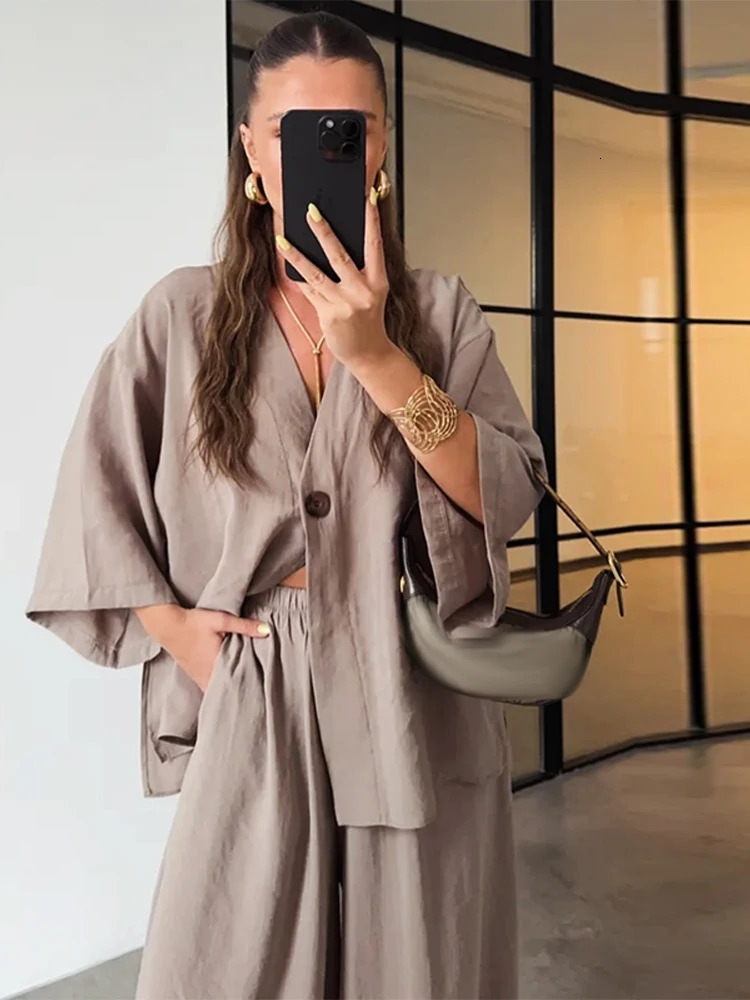 Solid Cotton Linen Shirt Pants Suits Women V-neck Long Sleeve Single Button Tops High Waist Wide Leg Pants Casual Ladies Outfits 260305