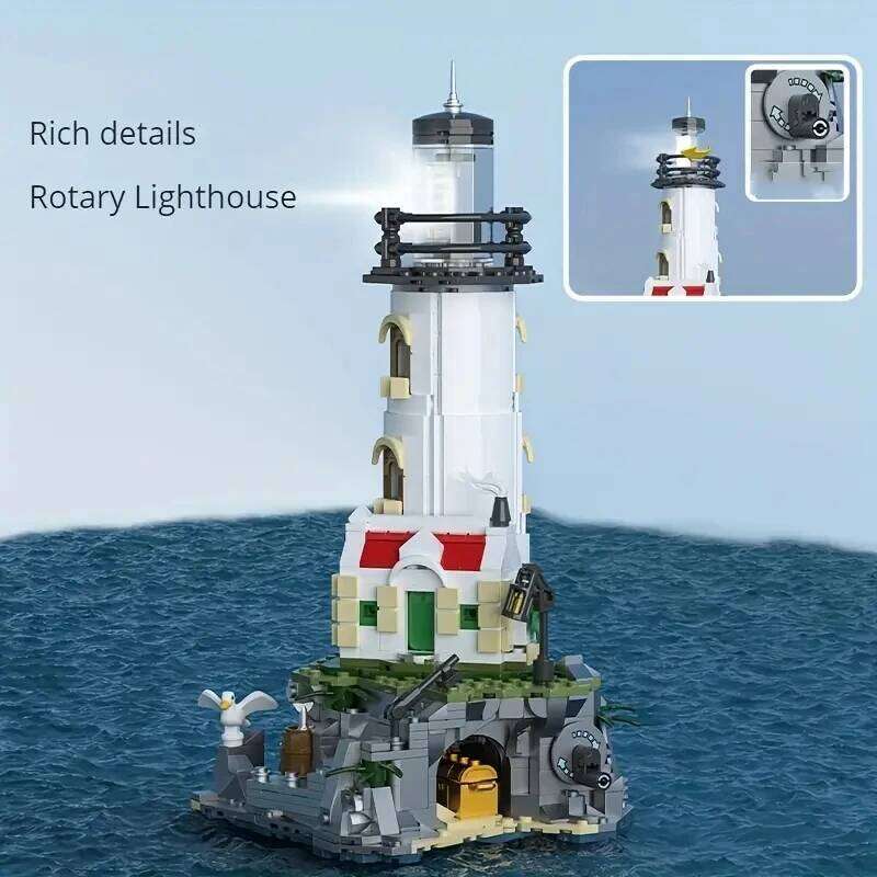 1092PCS Electric Building Blocks Fisherman's Hut Glowing Lighthouse Assembly Bricks Desktop Ornaments Kids Toys Gifts Z260305