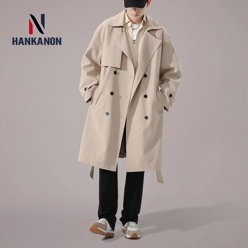Business Casual Doublebreasted Mens Long Trench Coat Solid Color Elongated Jacket Youthful Classic CoatOversized 260302