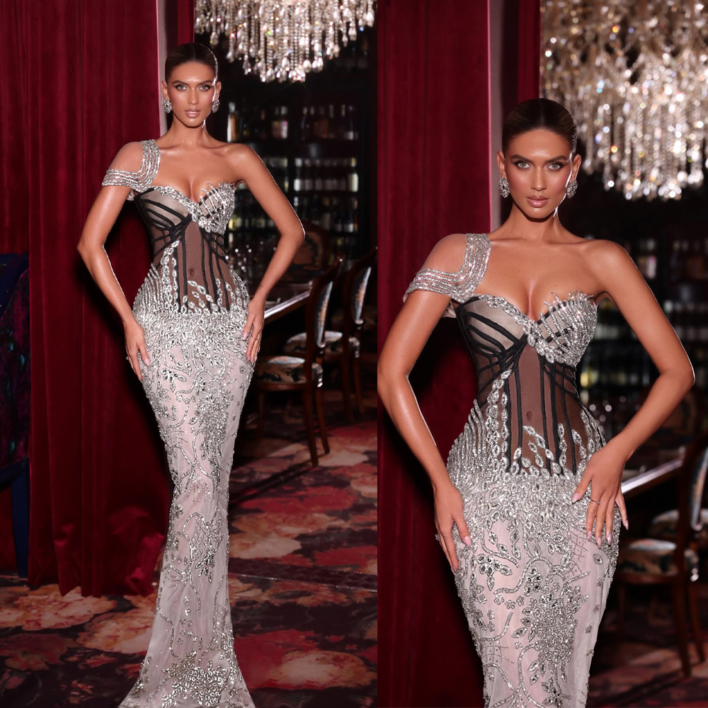 New Arrival Evening Dresses Mermaid One Shoulder Rhinestones Crystals Prom Dresses Backless Celebrity Party Gown Customized Vestido De Novia
