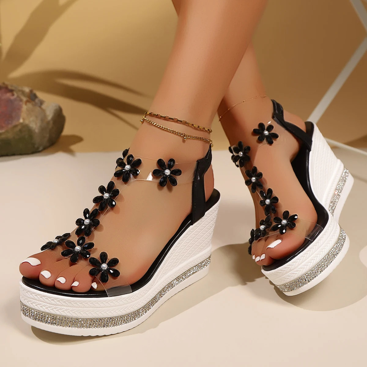 Crystal Flower Decor Chunky Platform Sandals Women 2026 Summer Thick Bottom Wedge Sandals Woman Plus Size 43 Sandalias Mujer 260305