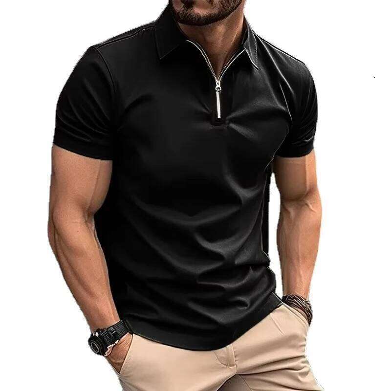 Summer Men's Solid Color Zip Polo Short Sleeve Slim Fit Business Casual Blend Oversized T Shirt Outdoor Streetwear 26H0306