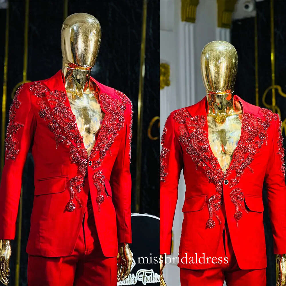 Elegant Men Suits 2 Pieces Appliques Crystal Notched Lapel Jacket Tailor-Made Blazer One Button Groom Evening Prom Party Customized Coat Pants Plus Si