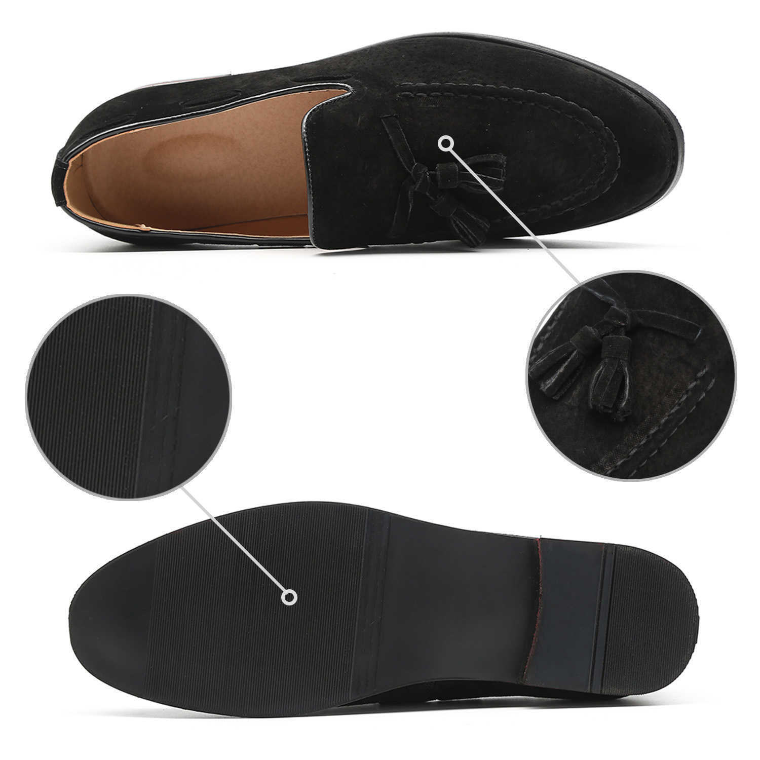 Men's Black Suede Tassel Loafers Slip-On Casual Dress Shoes Comfortable Low Heel Walking Shoes