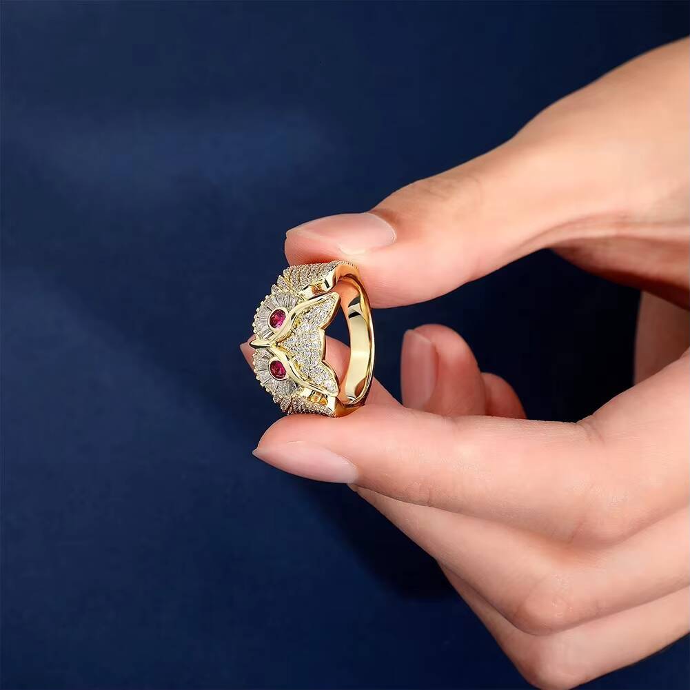 New Owl Animal Rings High Quality Iced Out Brass Gold Plated Cubic Zircon Couple Finger Ring Hip Hop Fashion Personality Jewelry
