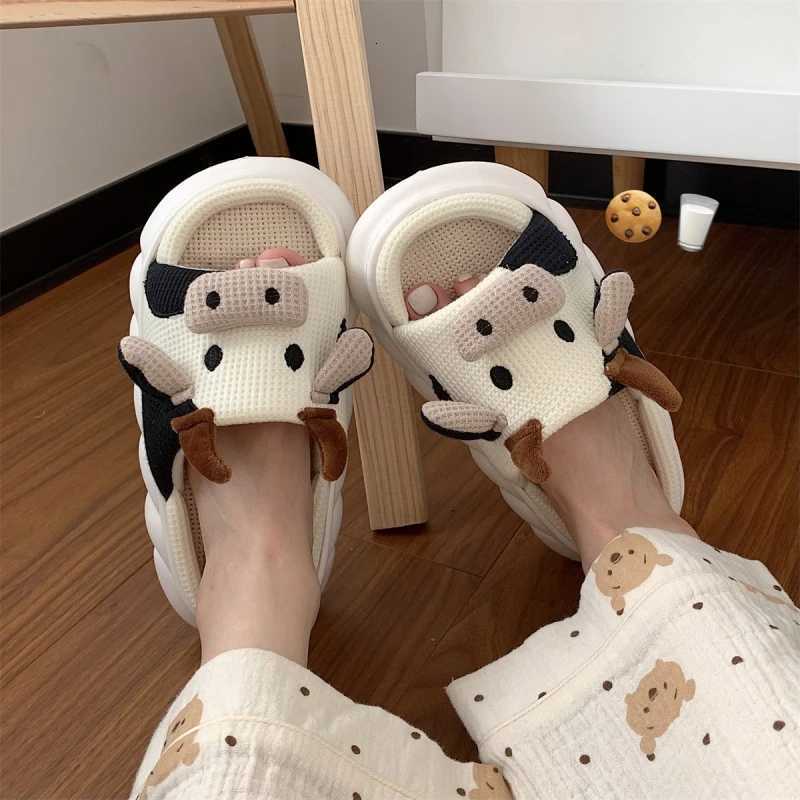 Cute Women Cow Linen Home Slippers Men Four Seasons Indoor Flip Flops Female Indoor Floor Shoes Adult Comfortable Cartoon Slides S260305