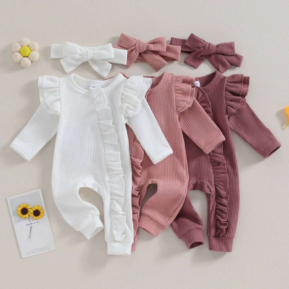Pudcoco Infant Baby Girl Autumn Jumpsuit Solid Color Round Neck Flying Sleeve Ruffled Zipper Romper with Bow Headband 0-12M Z260306