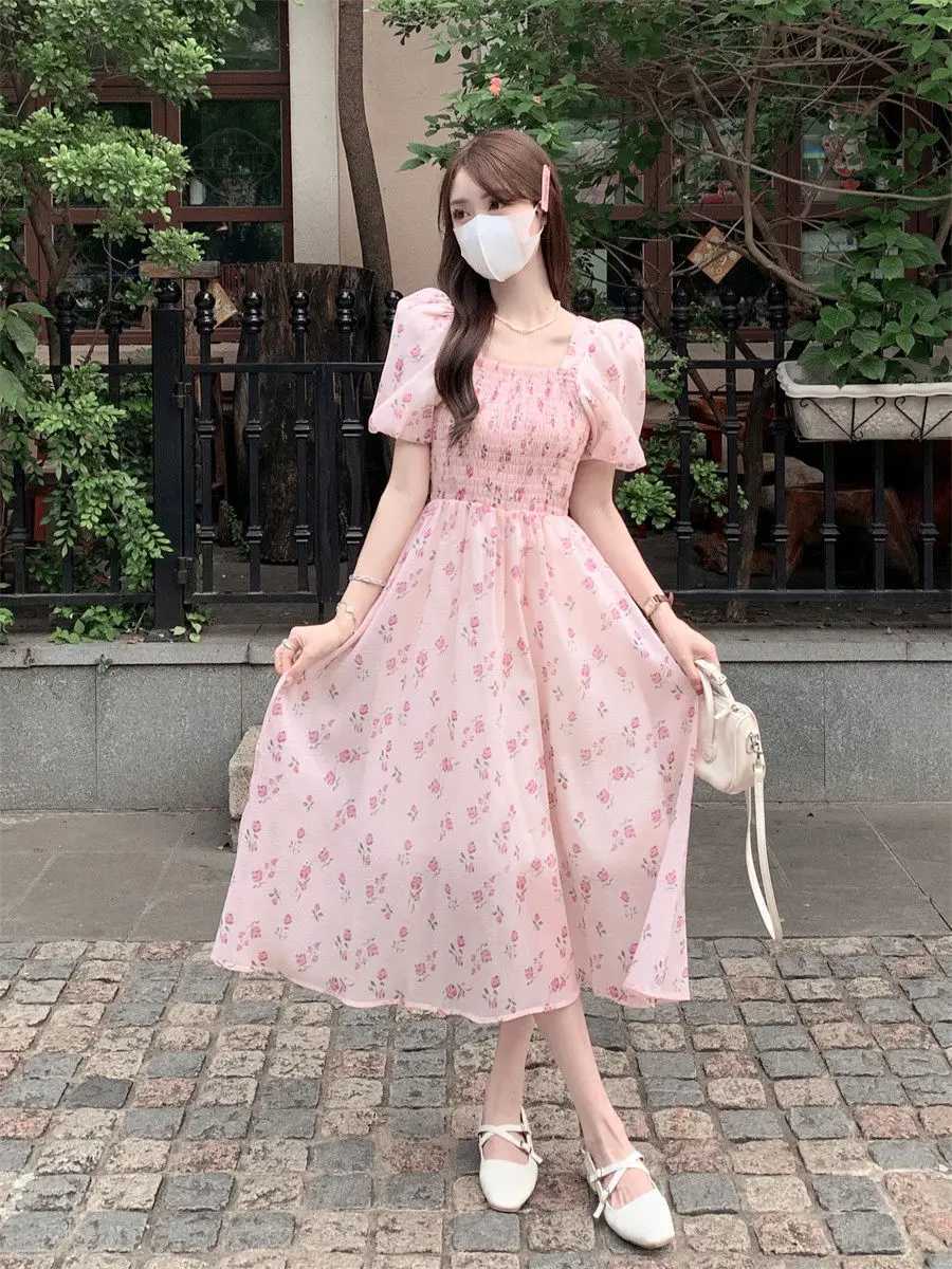 Gentle Floral Square Collar Female Temperament Waist-hugging A-line Puff Sleeve Dress X260306