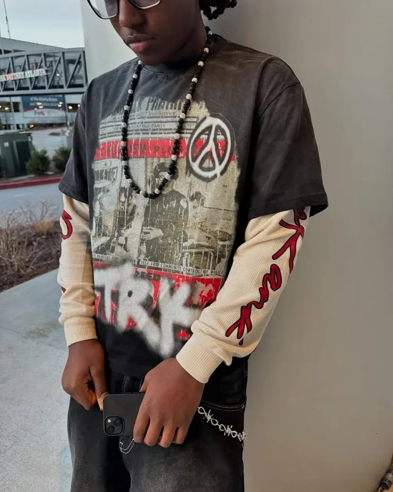 Y2k High Street Clothing Harajuku Letter Pattern Oversized T-shirt Mens Trendy Fashion Casual Loose Two Piece Top 260304