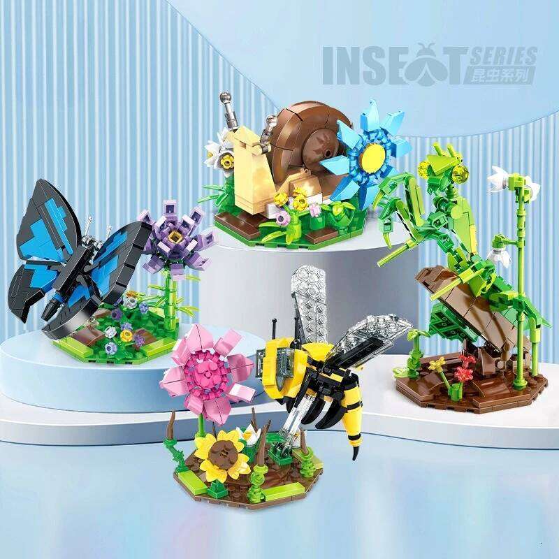 Children's Building Block Toy Simulated Snail Mantis Bee Butterfly Flowers Plants Insects Series Puzzle Set Decoration Gift Z260305